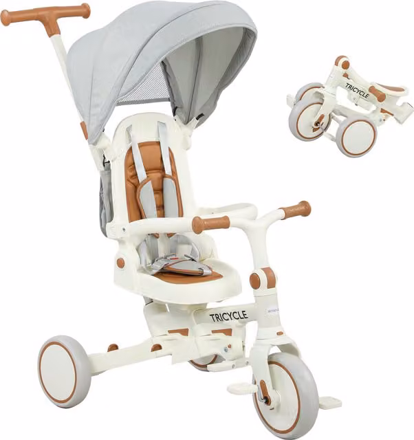Triciclo convertible 5 en 1 para niños AIYAPLAY con mango ajustable y arnés de seguridad