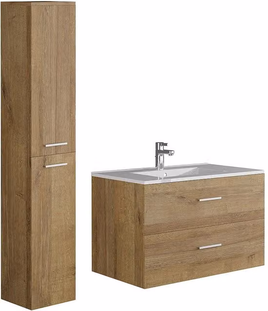 Mueble de baño flotante Kayla con lavabo de cerámica y columna de almacenamiento, acabado brillante en blanco y marrón, An/P/Al: 80 x 45 x 160 cm