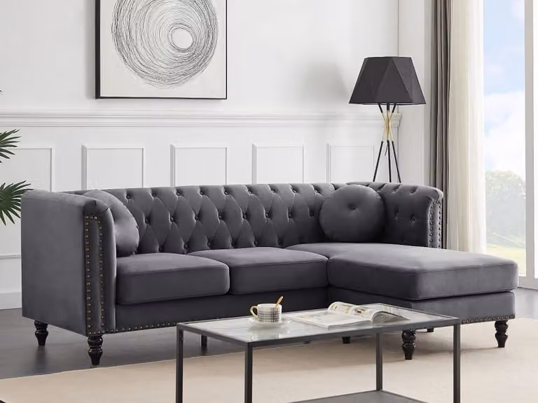 Sofá rinconera reversible Turner de Vente-Unique en terciopelo gris antracita con estructura de madera sólida y cojines incluidos