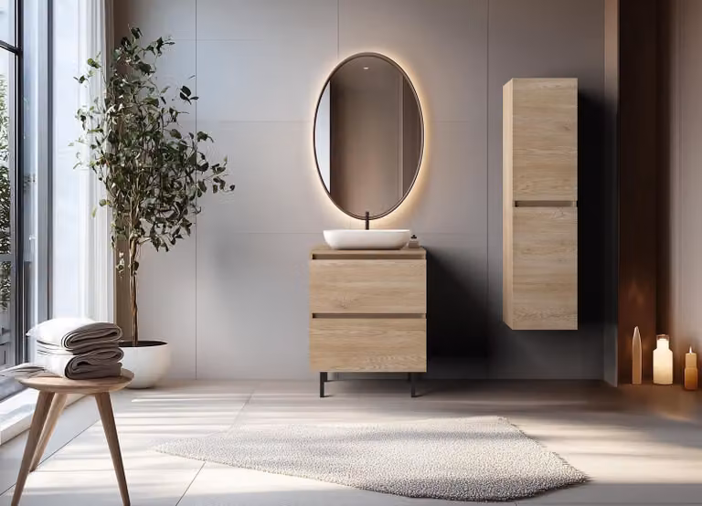 Mueble de baño moderno de 3E 3xE living.com con puertas y cajones, color marrón y beige, An/P/Al: 60 x 46 x 82,3 cm