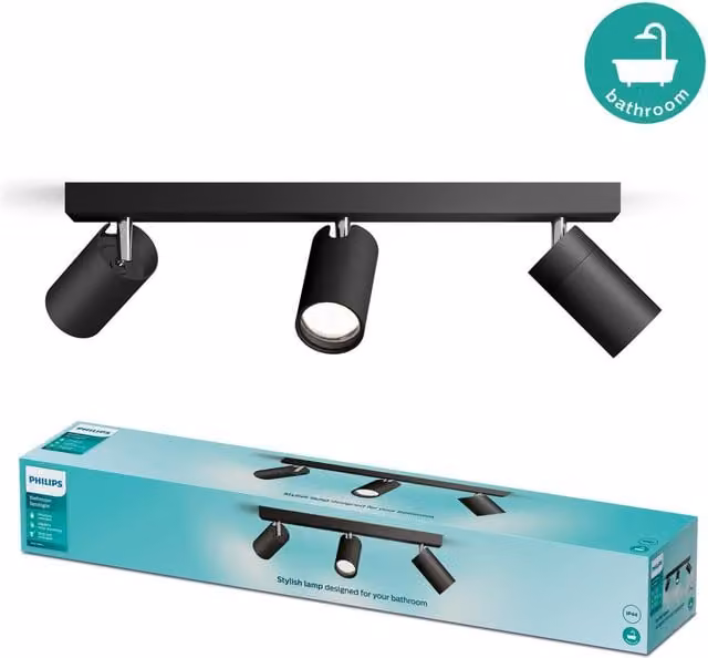 Foco LED orientable Philips Idris negro con montaje en superficie e IP44 para baño y cocina
