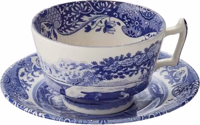 Taza de té con plato Portmeirion en azul y blanco de porcelana y gres