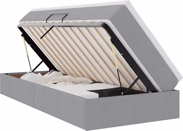 Cama con almacenamiento y colchón híbrido SYFAX en gris, An/P/Al: 100 x 200 x 48.5 cm