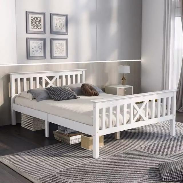 Cama de madera maciza de pino MODERNLUXE con somier de láminas fijas en color blanco, An/P/Al: 140 x 200 x 82 cm