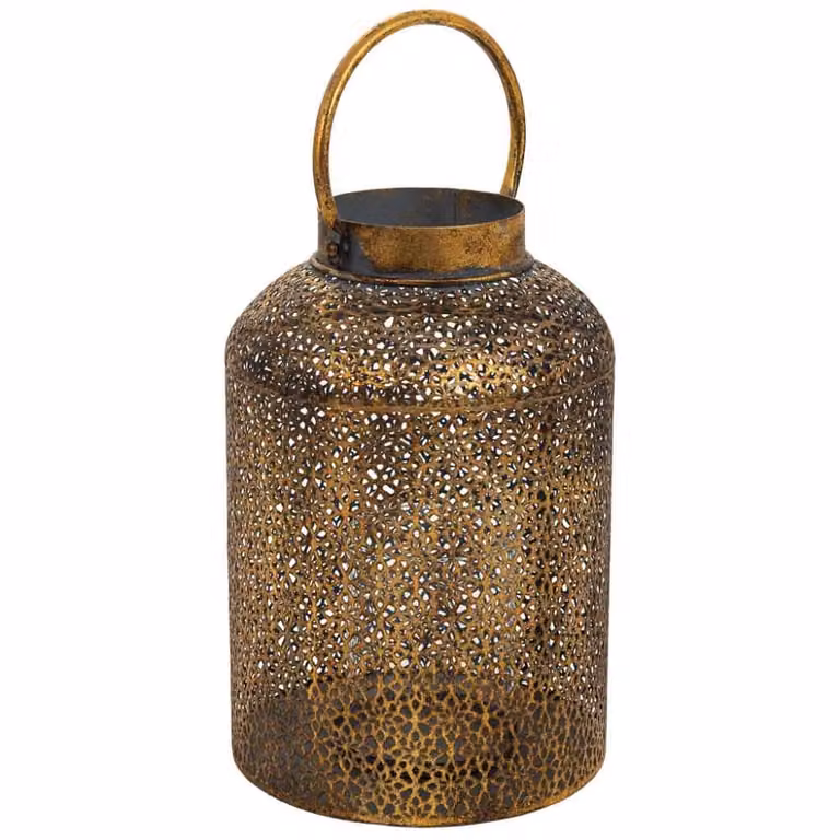 Portavelas colgante Wanderlust deco de metal y cristal dorado con diseño floral y estilo oriental An/P/Al: 20 x 20 x 30,5 cm