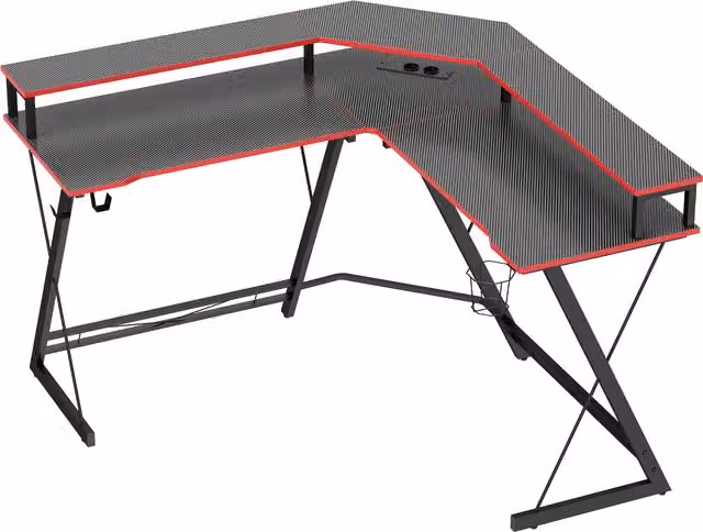 Escritorio esquinero en forma de L HOMCOM con enchufes, soporte para monitor, gancho y portavasos, color negro, An/P: 128 x 128 cm