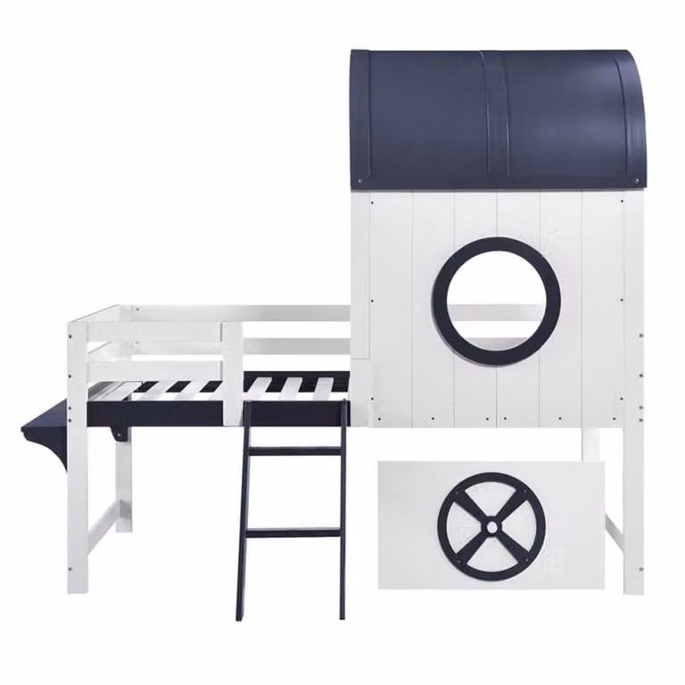 Cama alta infantil OKWISH de madera con estructura de casa, estantes integrados y cajones, color blanco y azul, 90x200 cm