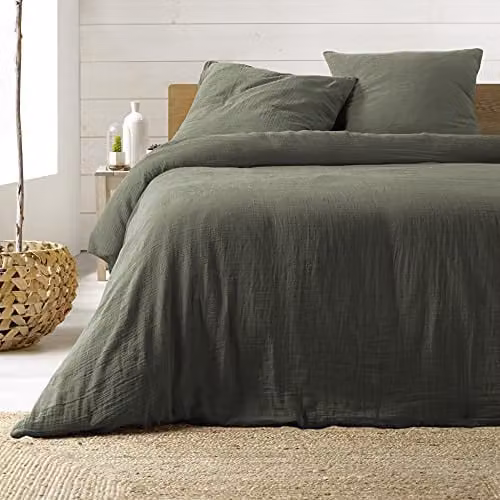 Juego de sábanas de gasa de algodón Douceur d'Intérieur de 3 piezas en color verde o beige, An/P/Al: 260 x 240 x 140 cm