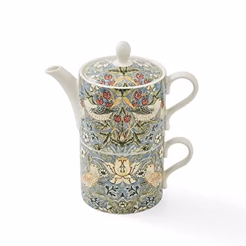 Set de tetera y taza de té Spode Strawberry Thief de porcelana con diseño floral multicolor