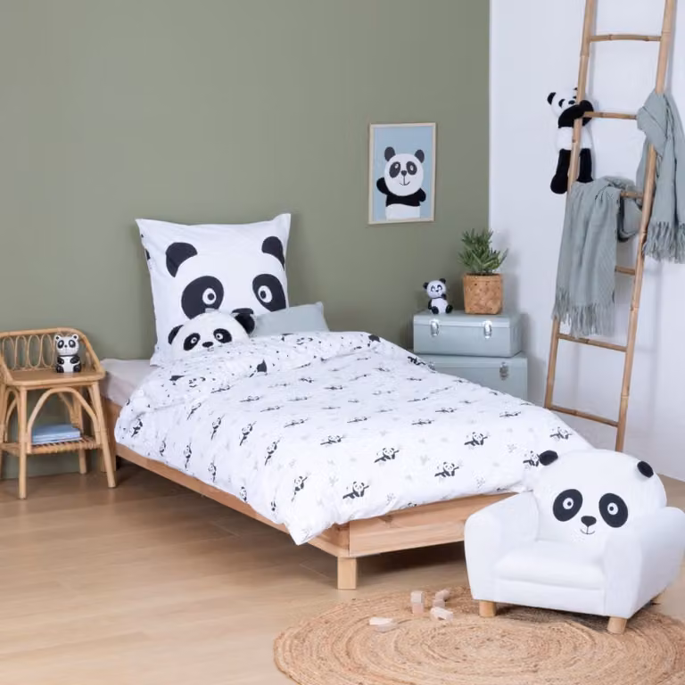 Juego de cama infantil de algodón con estampado de panda en blanco y negro, incluye funda nórdica y funda de almohada, An/P/Al: 140 x 200 cm