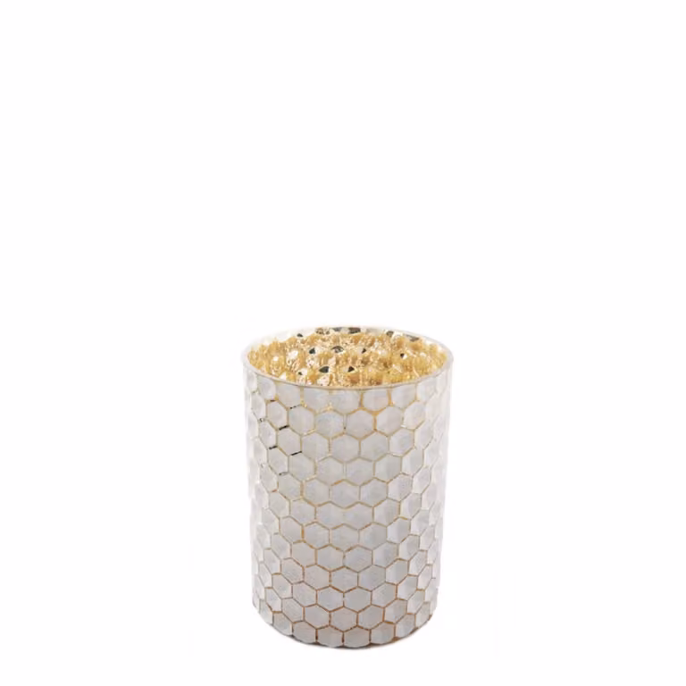 Portavelas decorativo moderno Sia Deco de vidrio blanco y dorado con diseño geométrico redondo, Altura: 24 cm