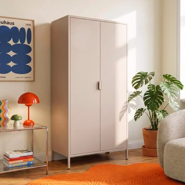 Armario industrial metálico Sicaan THEA con 2 puertas, estantes y barras para colgar, color beige, Altura: 170 cm, Ancho: 80 cm, Profundidad: 45 cm