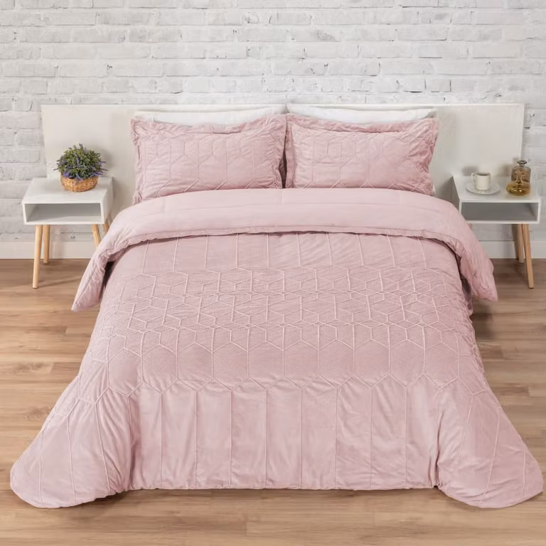 Edredón de invierno Manterol con bordado geométrico en color beige o rosa para adultos de microfibra