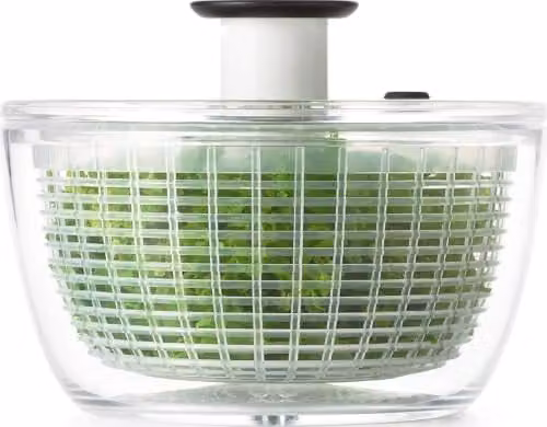 Centrifugadora y escurridor de ensaladas Good Grips de Oxo, transparente y blanco, 21 cm