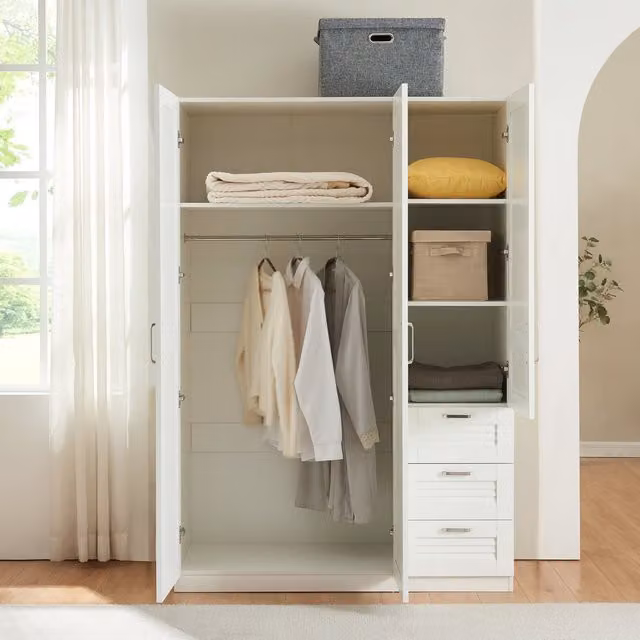 Armario Ropero Finning en.casa Blanco con 3 Puertas, 1 Barra, 4 Compartimentos y 3 Cajones, Al x An x P: 176 x 120 x 52 cm