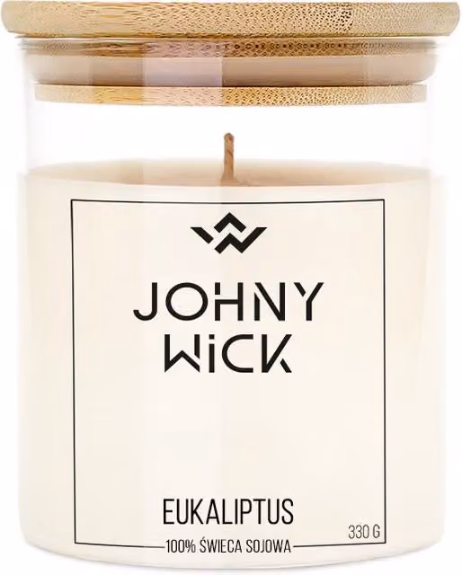Vela perfumada de soja Johnny Wick con aroma fresco de eucalipto de 300 g en color blanco y detalles multicolor