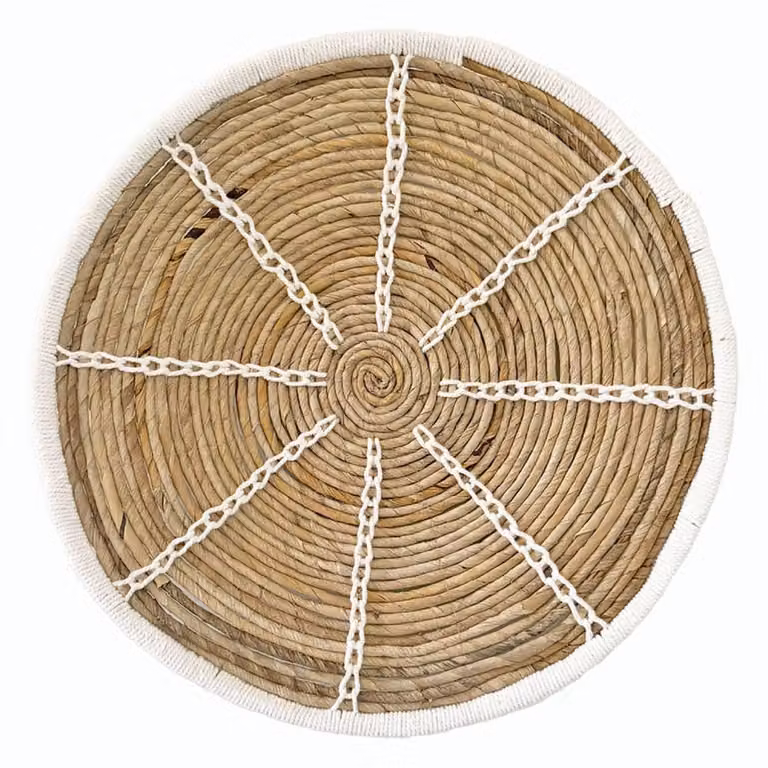 Plato decorativo de pared redondo NATYAL en color blanco y beige de fibra natural y algodón, Diámetro: 55 cm