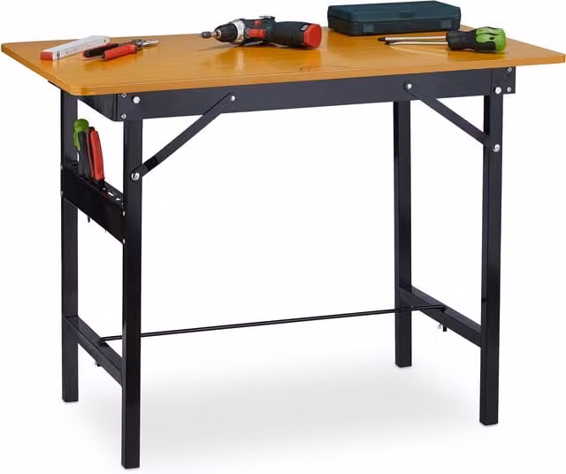 Banco de trabajo plegable Relaxdays para taller con regla y transportador, capacidad hasta 100 kg, An/P/Al: 100 x 76 x 60 cm, color marrón y negro