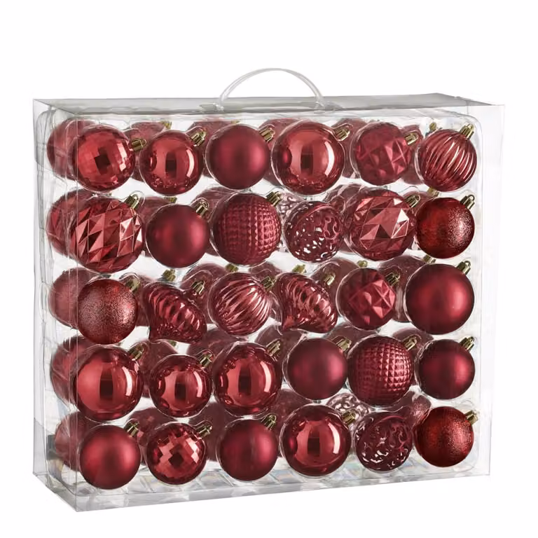Bola de Navidad Mica Decorations de plástico rojo con diseño geométrico y acabado redondo, Diámetro: 7 cm