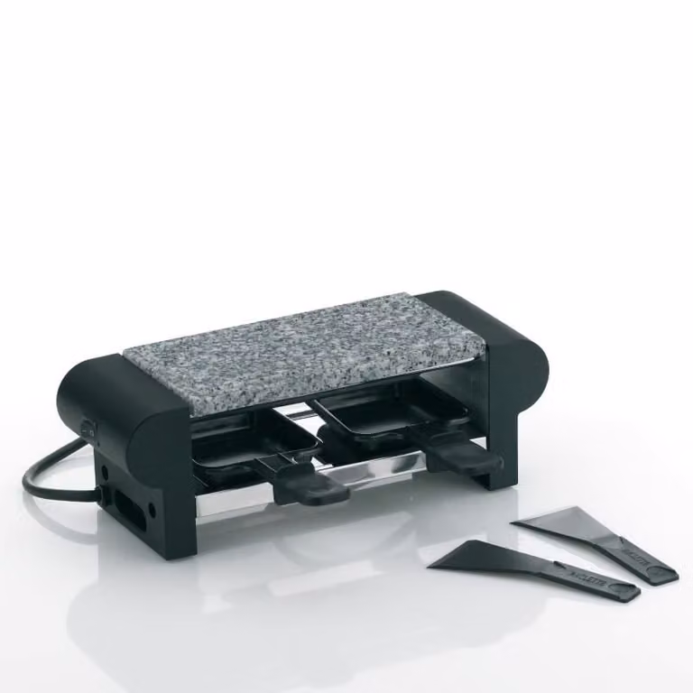 Mini raclette Kela SPLÜGEN con placa de piedra caliente y revestimiento antiadherente, color negro, para 2 personas