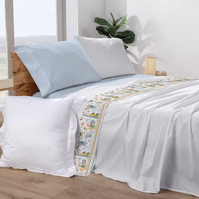 Juego de sábanas Manterol de animales músicos para cama junior, incluye sábana bajera y funda de almohada, diseño multicolor con rayas, An/P: 90 x 190 cm