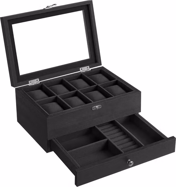 Estuche de madera para 8 relojes Songmics con tapa de cristal y forro de terciopelo, color negro. An/P/Al: 27,0 x 19,0 x 12,5 cm
