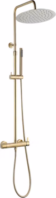 Columna de ducha mecánica Delice II de ESSEBAGNO con rociador de lluvia y mano, acabado oro cepillado, montaje en pared