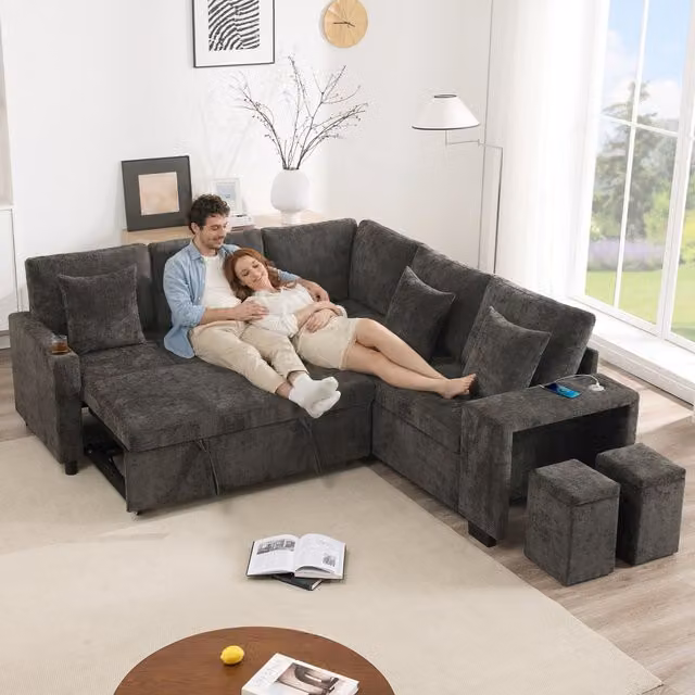 Sofá Cama Esquinero en Forma de L KELLANY Gris con Función de Cama, Almacenamiento, Puertos USB y Portavasos, Tapizado en Chenille con Cojines Incluidos, An/P/Al: 220 x 101,5 x 86,5 cm