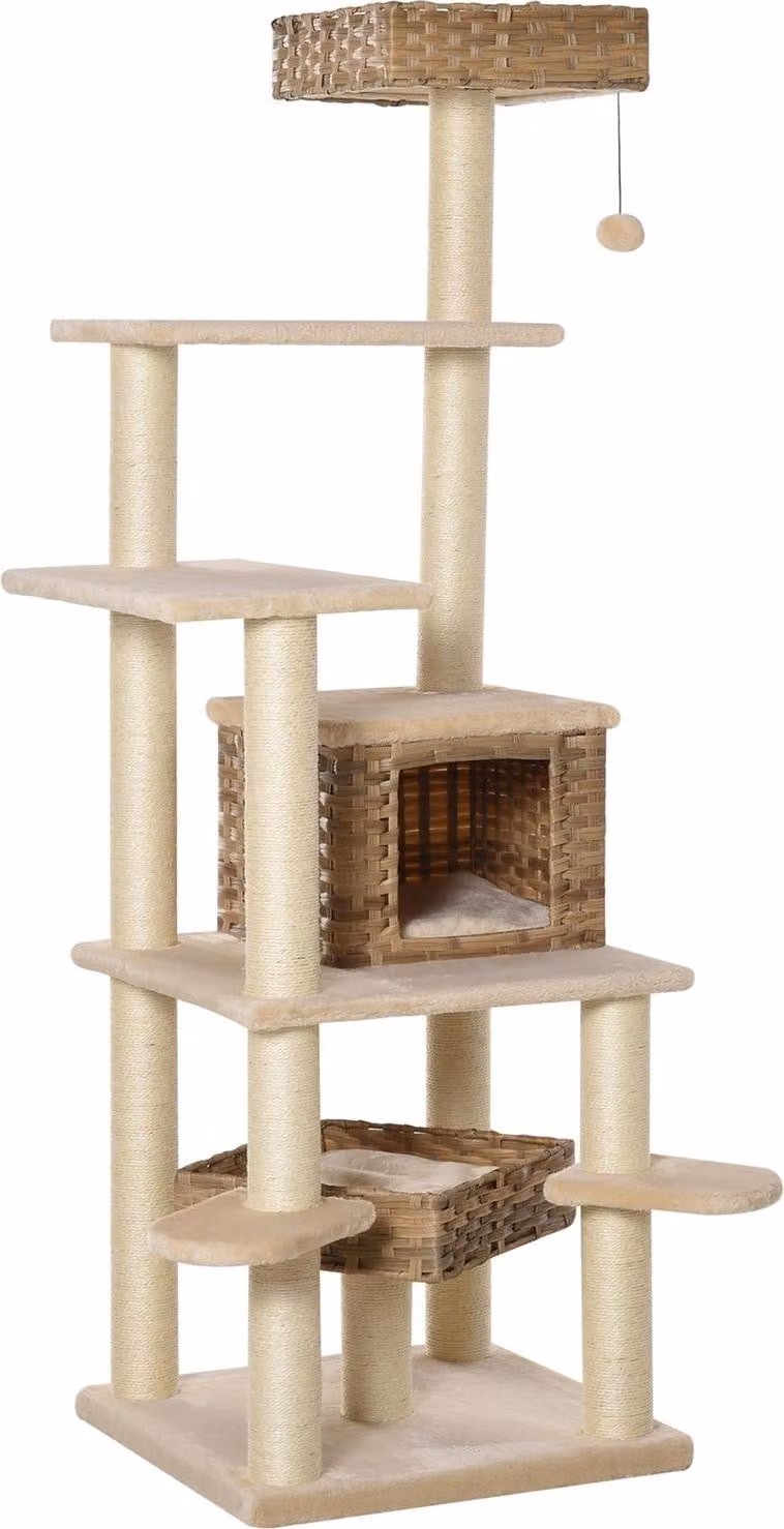 Árbol para gatos Northio de ratán y sisal con cueva y varios niveles, color beige y marrón, An/P/Al: 55 x 55 x 174 cm