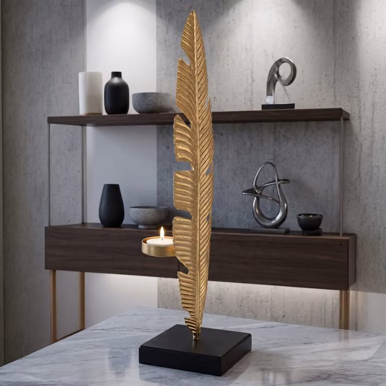 Escultura floral de metal Mauro Ferretti en color dorado y negro con portavelas tealight, An/P/Al: 10 x 10 x 34 cm