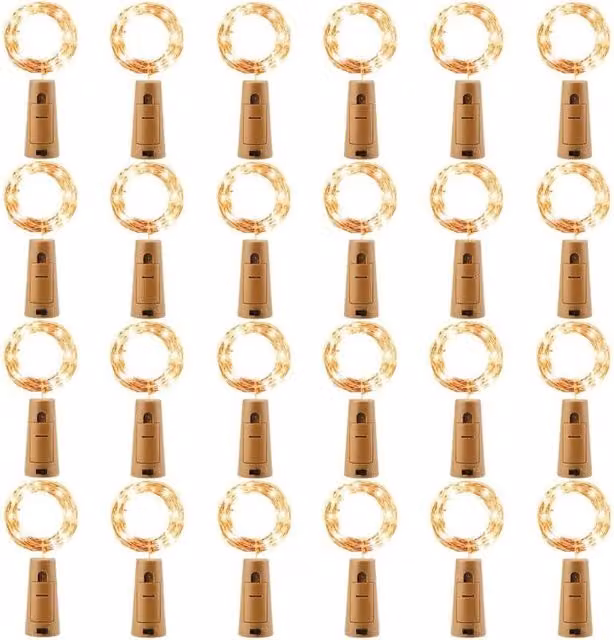 Guirnalda de luces LED ODIPIE para botellas con 20 luces en color blanco cálido, longitud de 2 m, pack de 24 unidades con pilas incluidas