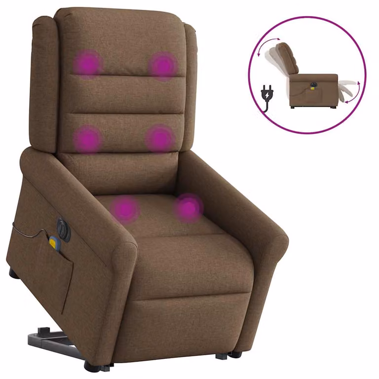 Sillón de masaje eléctrico reclinable y elevable vidaXL en tela marrón con reposabrazos para mayores