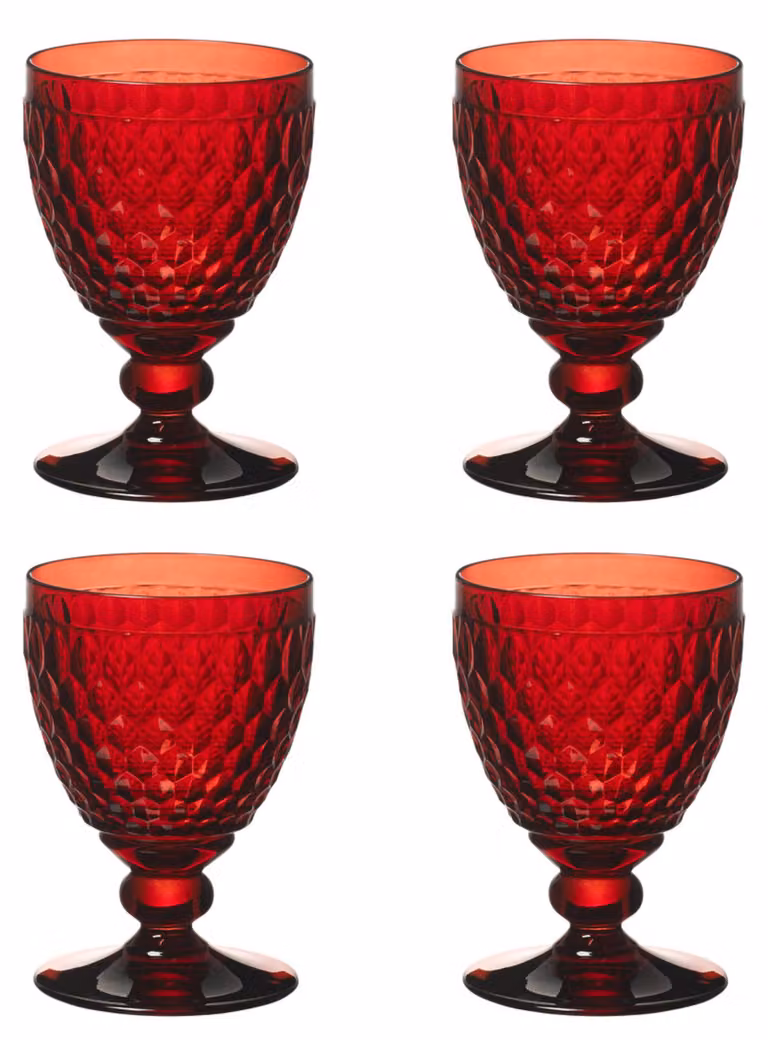 Juego de 4 copas de vino tinto Villeroy & Boch Boston de cristal rojo con diseño facetado, 310 ml