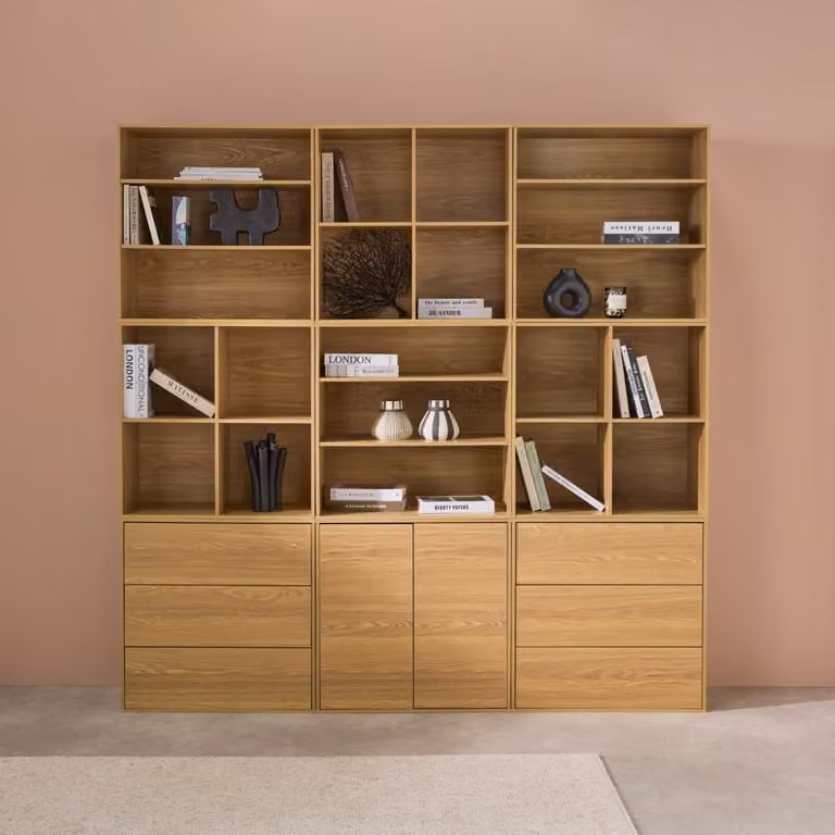 Kit de estantería modular decorativa Sweeek de madera con 9 elementos, color roble - Al 210 x An 210 x P 35 cm