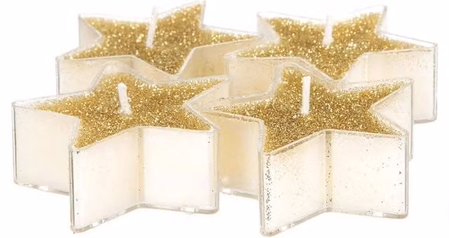 Set de 4 velas de té con estrella de purpurina dorada de Feeric Lights & Christmas, 24 g