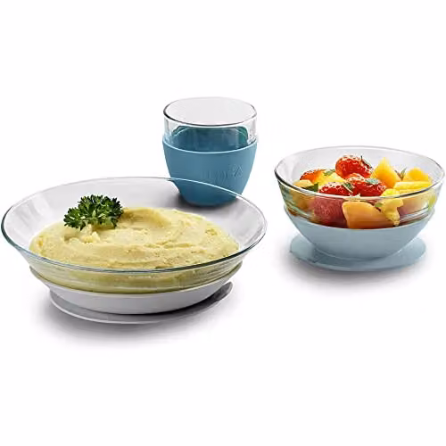 Set de comida infantil Béaba Jungle de vidrio y silicona con plato, bol con ventosa y vaso, multicolor verde