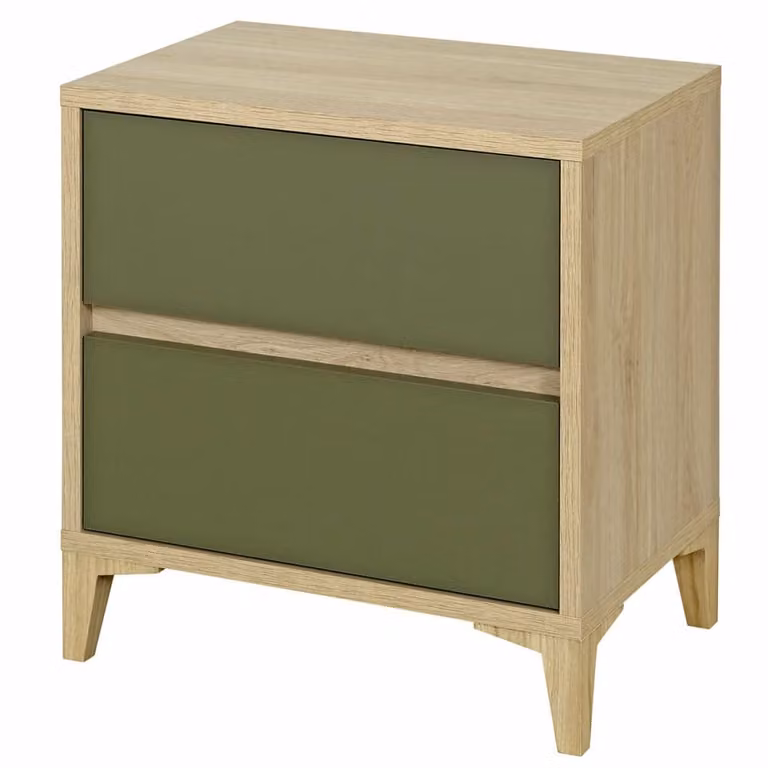 Mesita de noche de 2 cajones ID Kids en madera de roble y color verde y blanco