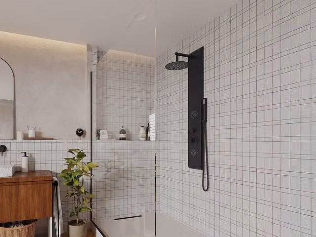 Columna de ducha con hidromasaje y efecto lluvia VENTE-UNIQUE en negro mate, An/P/Al: 20 x 13 x 130 cm