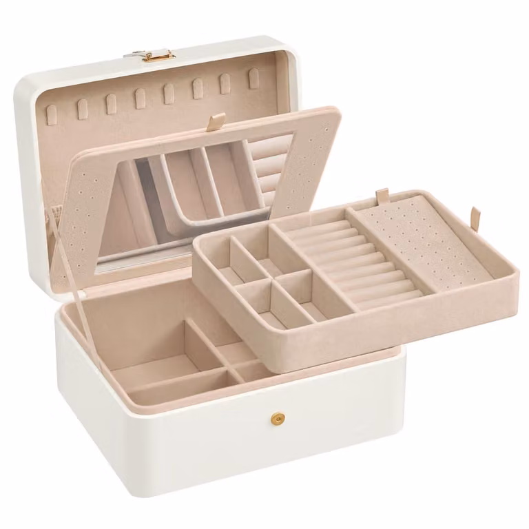 Caja organizadora de joyas Songmics de madera y metal con espejo y bandeja en color blanco, An/P/Al: 22 x 17,6 x 11 cm