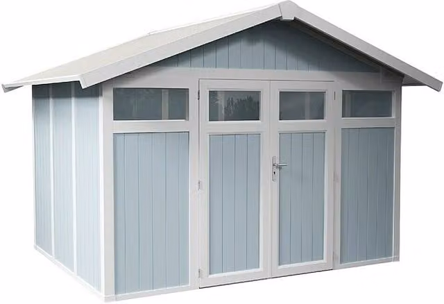 Caseta para jardín Utility Grosfillex en plástico gris azulado con doble puerta y cerradura, An/Pr: 370 x 298 cm