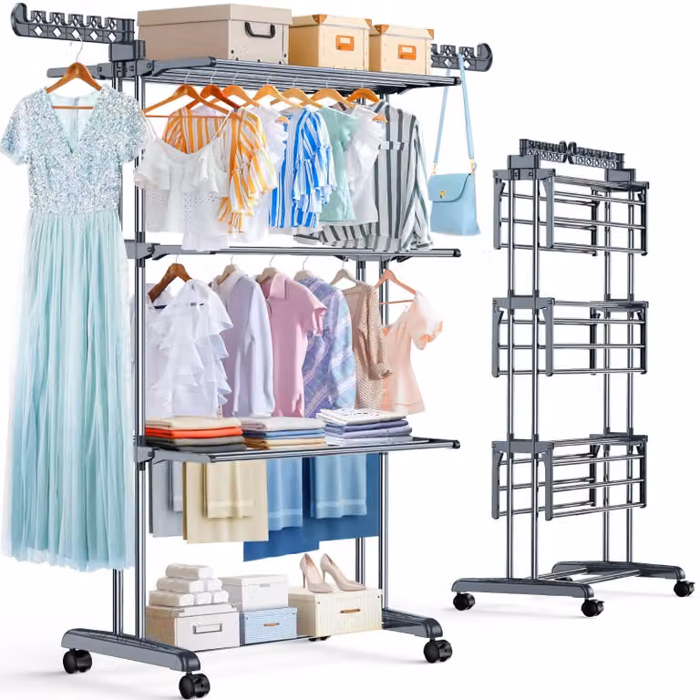Tendedero de ropa PurKeep de 4 niveles con ruedas, secador plegable tipo torre de acero inoxidable en color gris para interior y exterior