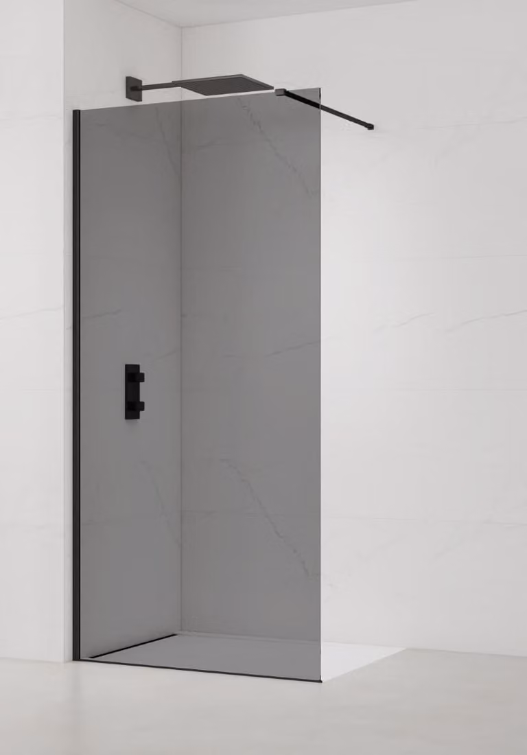Mampara de ducha walk-in SAT de vidrio de seguridad de 8 mm con tratamiento easy clean y acabado tintado en gris o negro, An/P/Al: 120 x 200 cm