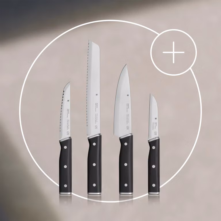 Set de cuchillos WMF de 4 piezas en color plata con mango de plástico: cuchillo de chef de 15 cm, cuchillo de pan de 20 cm, cuchillo multiusos de 12 cm y cuchillo para verduras de 9 cm