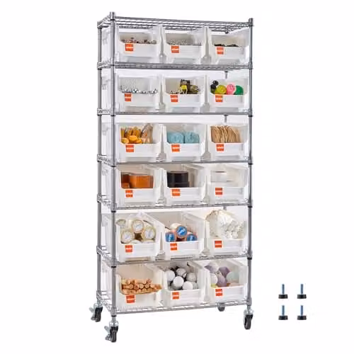 Estantería de almacenamiento VEVOR con 7 niveles y 18 compartimentos, estructura de metal con estantes ajustables y ruedas, An/P/Al: 69 x 35.5 x 149 cm