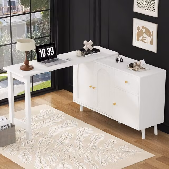 Escritorio y aparador multifuncional 2 en 1 RETROK con superficie giratoria 360 grados, 3 puertas y 1 cajón, diseño moderno en color blanco y dorado para oficina o comedor
