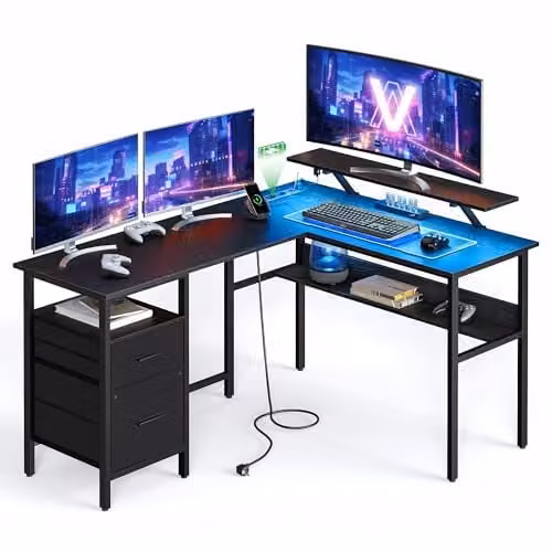 Escritorio esquinero VASAGLE en color negro con tomas de corriente, luces LED, soporte de monitor y 2 cajones An/P/Al: 120 x 50 x 76 cm