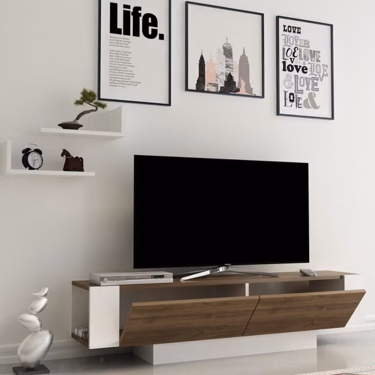 Mueble de televisión moderno Skye Decor en acabado nogal y blanco con 2 estantes de pared, An/P/Al: 150 x 41,6 x 31,5 cm