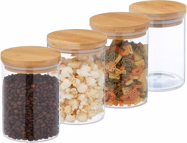 Set de 8 tarros de conservación de vidrio herméticos con tapa de bambú Relaxdays, transparentes y marrones, 750 ml, An/P/Al: 10 x 10 x 14 cm