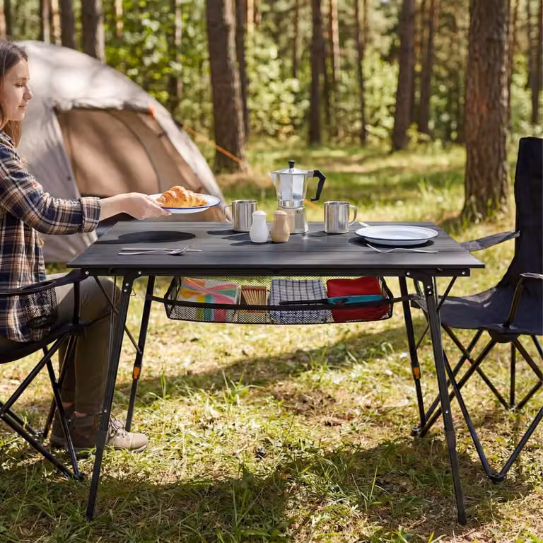 Mesa de camping plegable TecTake de metal negra con altura ajustable para jardín o terraza