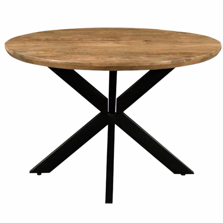Mesa de comedor redonda MOLOO de madera de mango y metal en color marrón con acabado industrial y certificación FSC, Diámetro: 140 cm